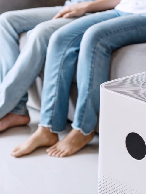 People Relaxing on a Couch Next to a White Air Purifier Unit — Air Purifiers in Central West NSW